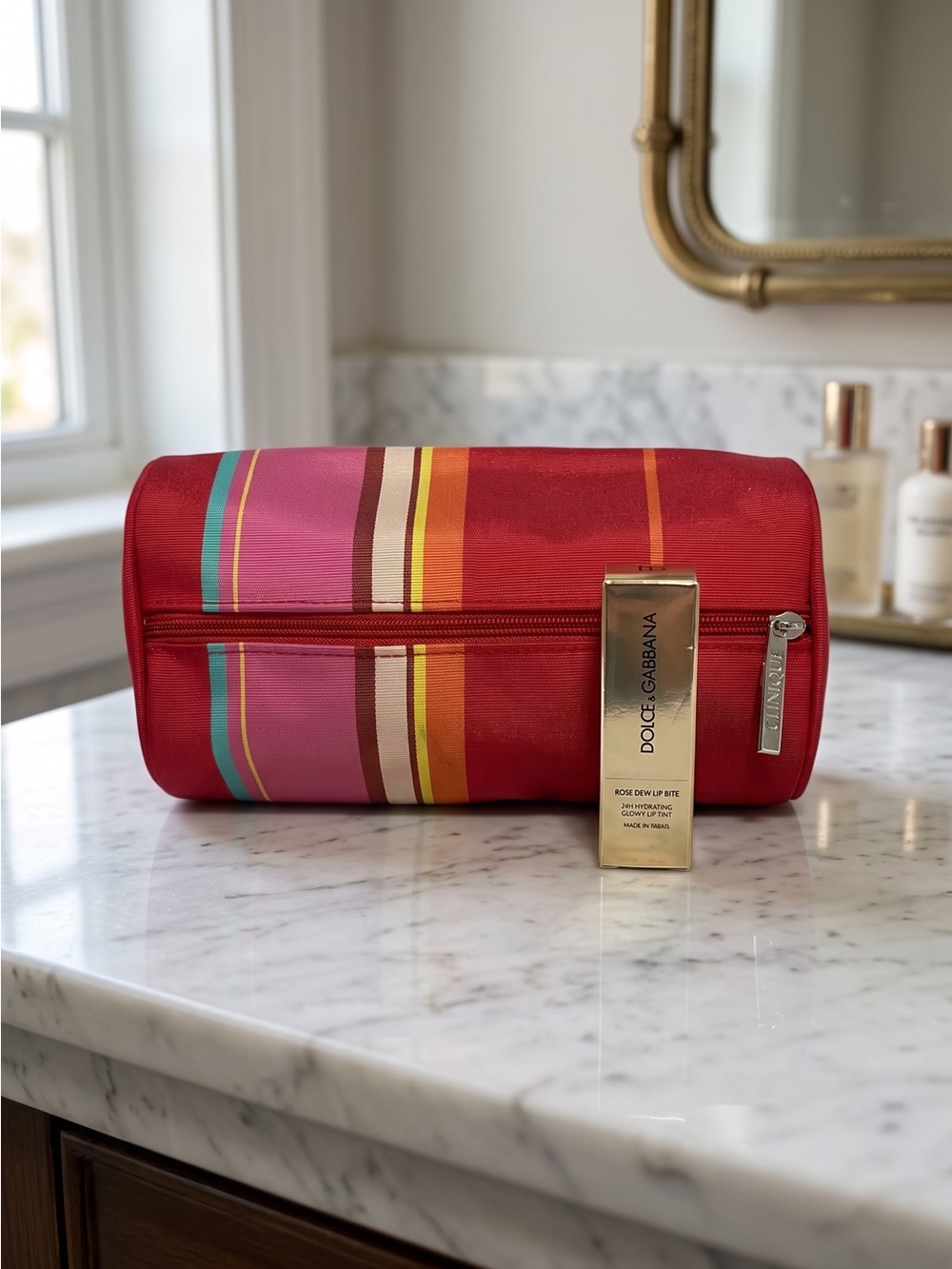 Clinique NWOT Striped Cosmetic Bag & NIB Mini D&G Lip Tint Set